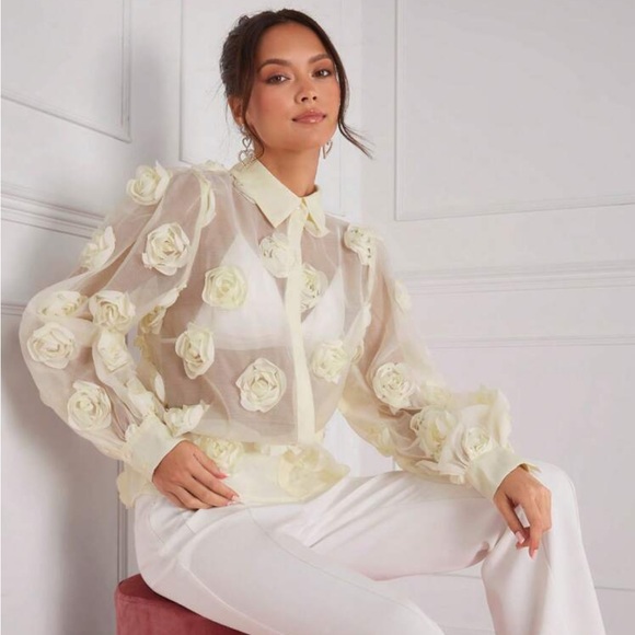 Tops - Cream 3D flower rosette appliqué sheer button up front shirt